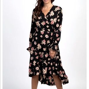 PinkBlush Black Floral Ruffle Wrap Midi Dress NWT